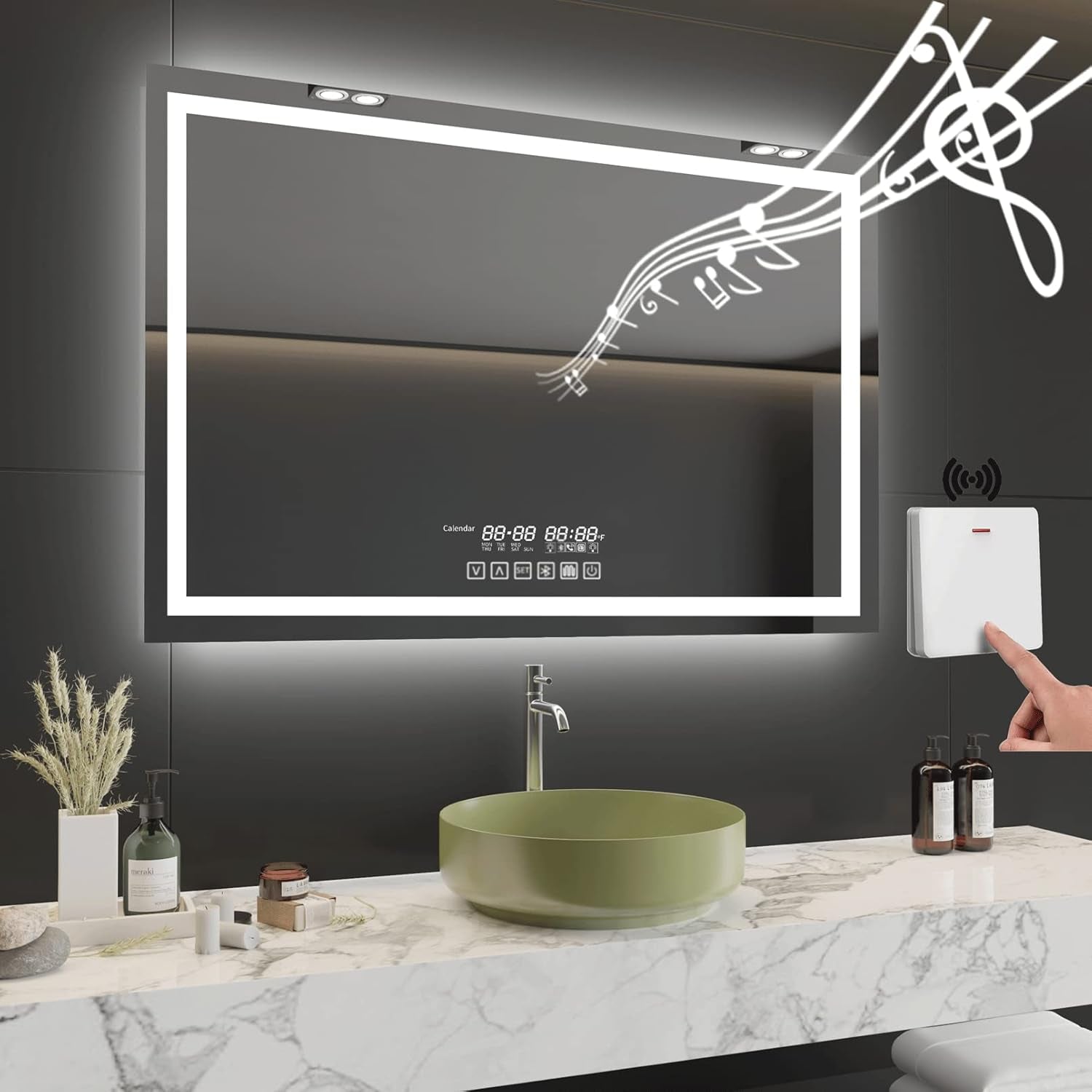 60"X36" Bathroom LED Mirror with Wireless Speaker Wall Switch - Lighted Vanity Mirrors for Bathroom Wall Mounted Backlit, Dimmable Light 3000K/6000K Anti-Fog Makeup Smart Mirror (Horizontal)