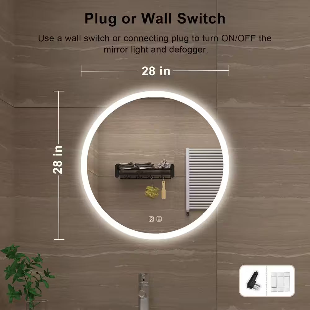 28 In. W X 28 In. H round Frameless LED Light with 3 Color and Anti-Fog Wall Mounted Bathroom Vanity Mirror