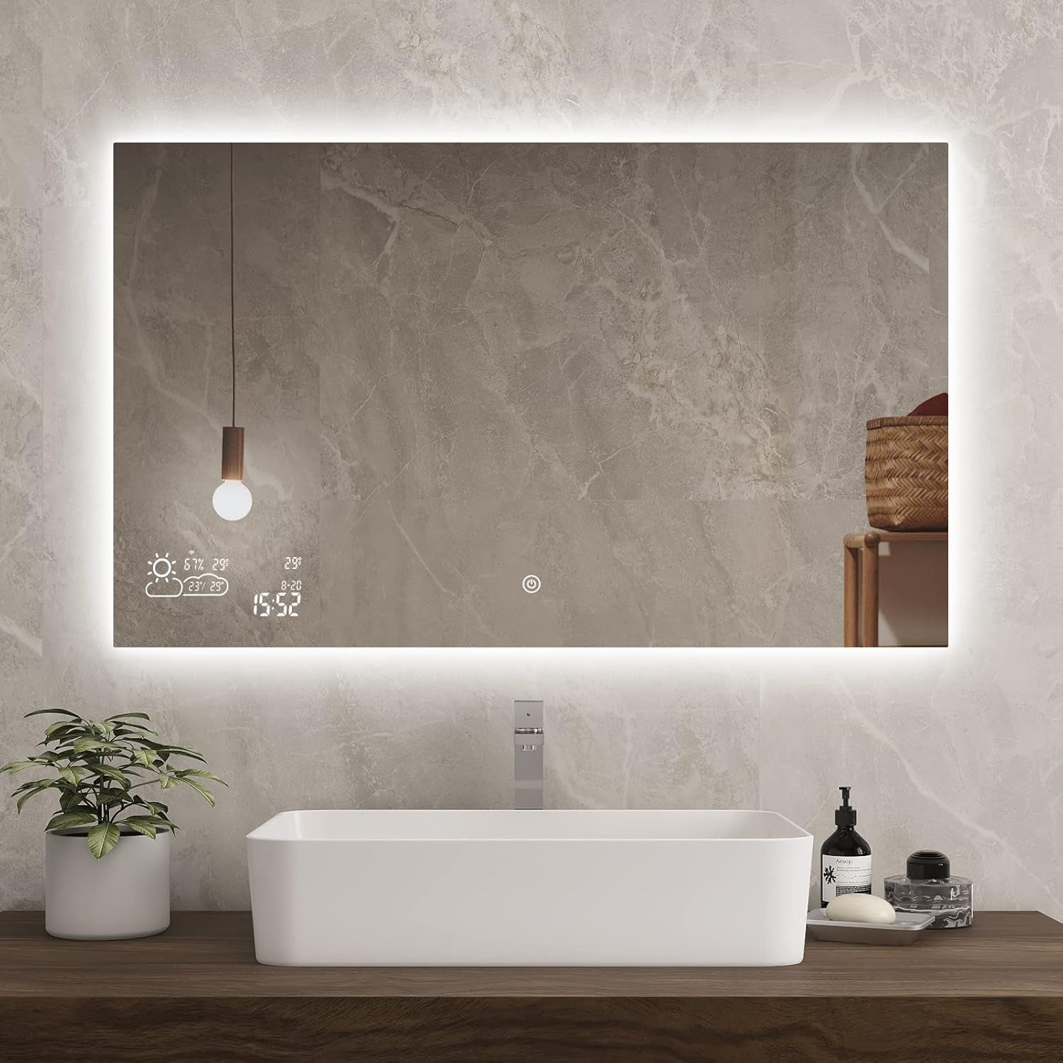 40”X24” Smart Bathroom Mirror Wi-Fi Enabled Weather Display, Anti-Fog LED Light Vanity Mirror Backlit Frameless Lighted Touch Sensor Makeup for Wall - Horizontally Hang Only