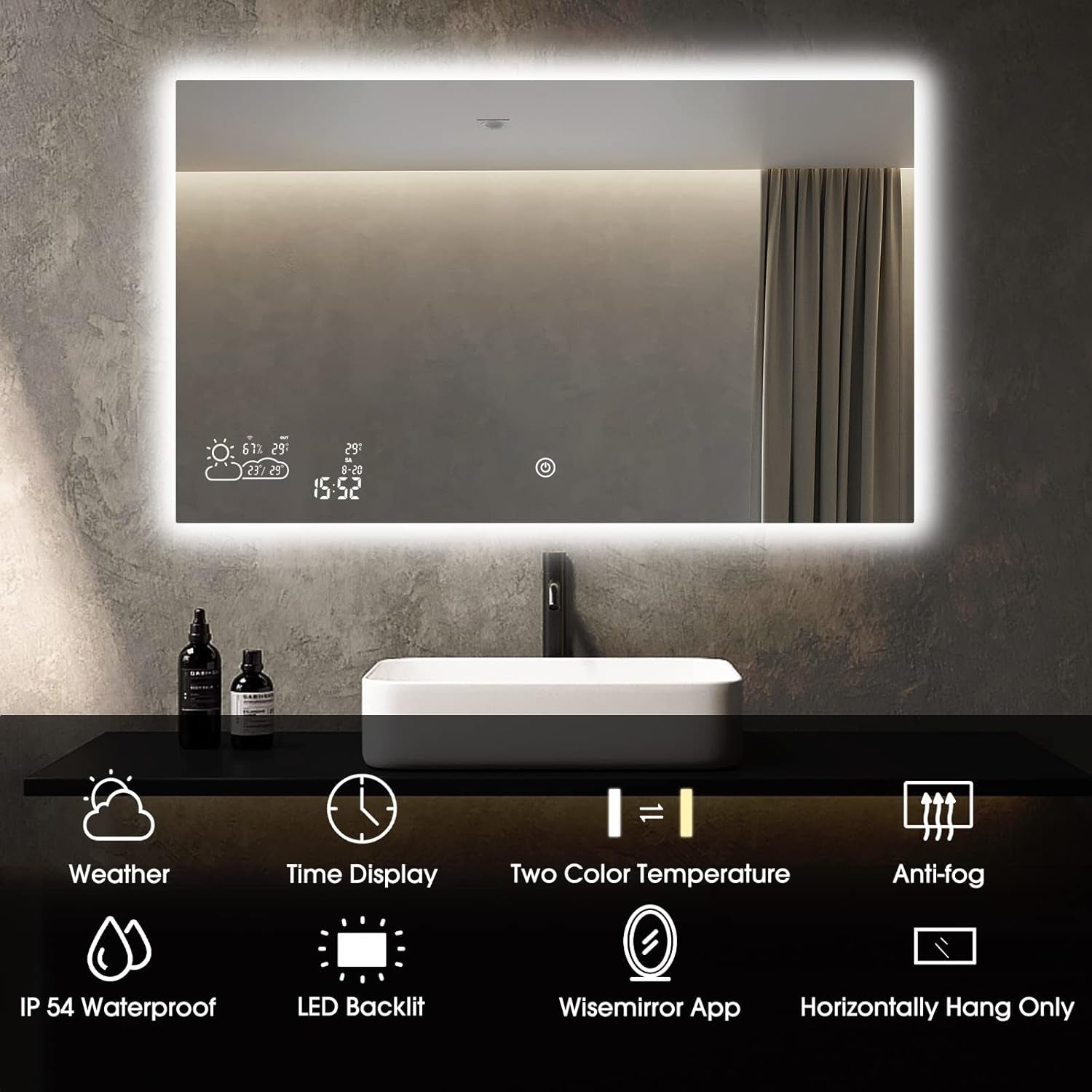 40”X24” Smart Bathroom Mirror Wi-Fi Enabled Weather Display, Anti-Fog LED Light Vanity Mirror Backlit Frameless Lighted Touch Sensor Makeup for Wall - Horizontally Hang Only