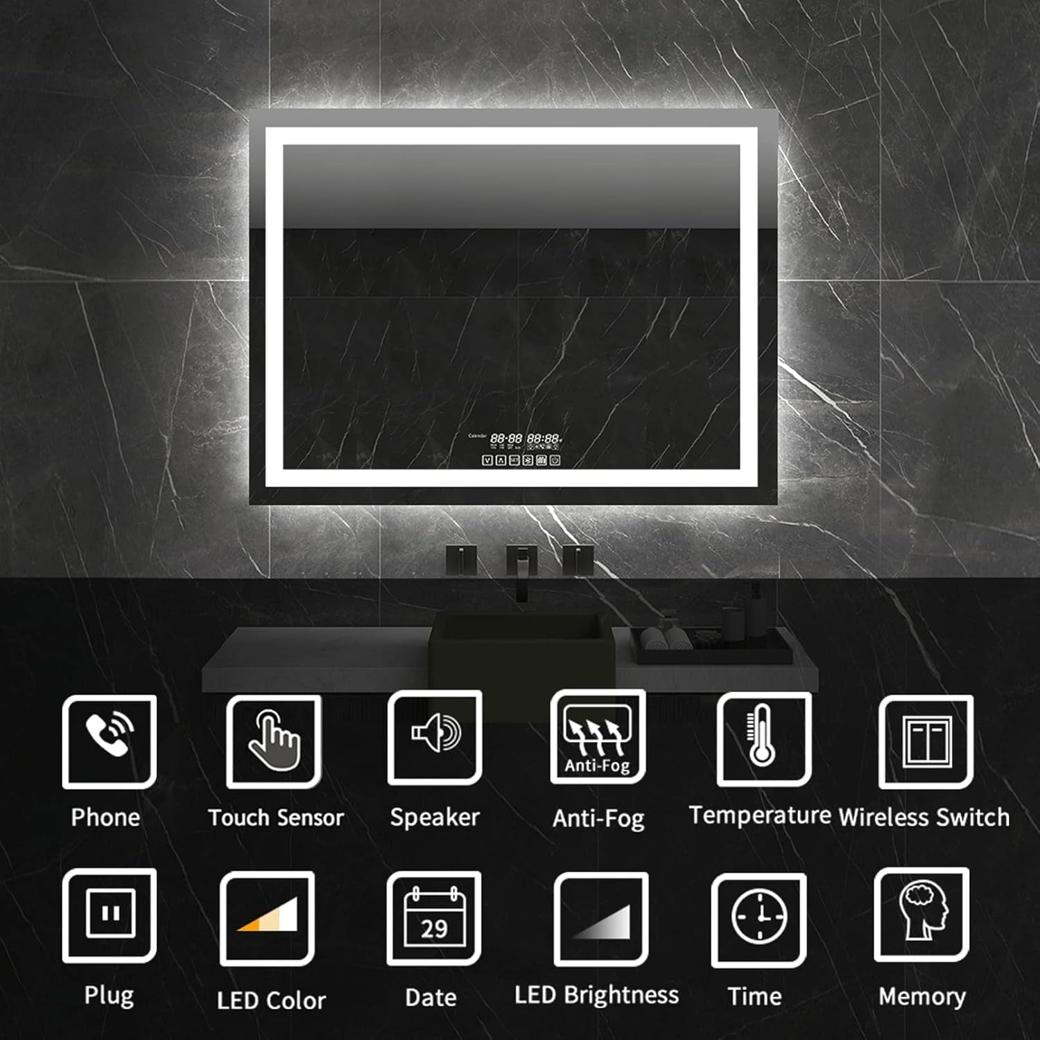 36"X28" Bathroom LED Mirror with Wireless Speaker Wall Switch - Lighted Vanity Mirrors for Bathroom Wall Mounted Backlit, Dimmable Light 3000K/6000K Anti-Fog Makeup Smart Mirror (Horizontal)