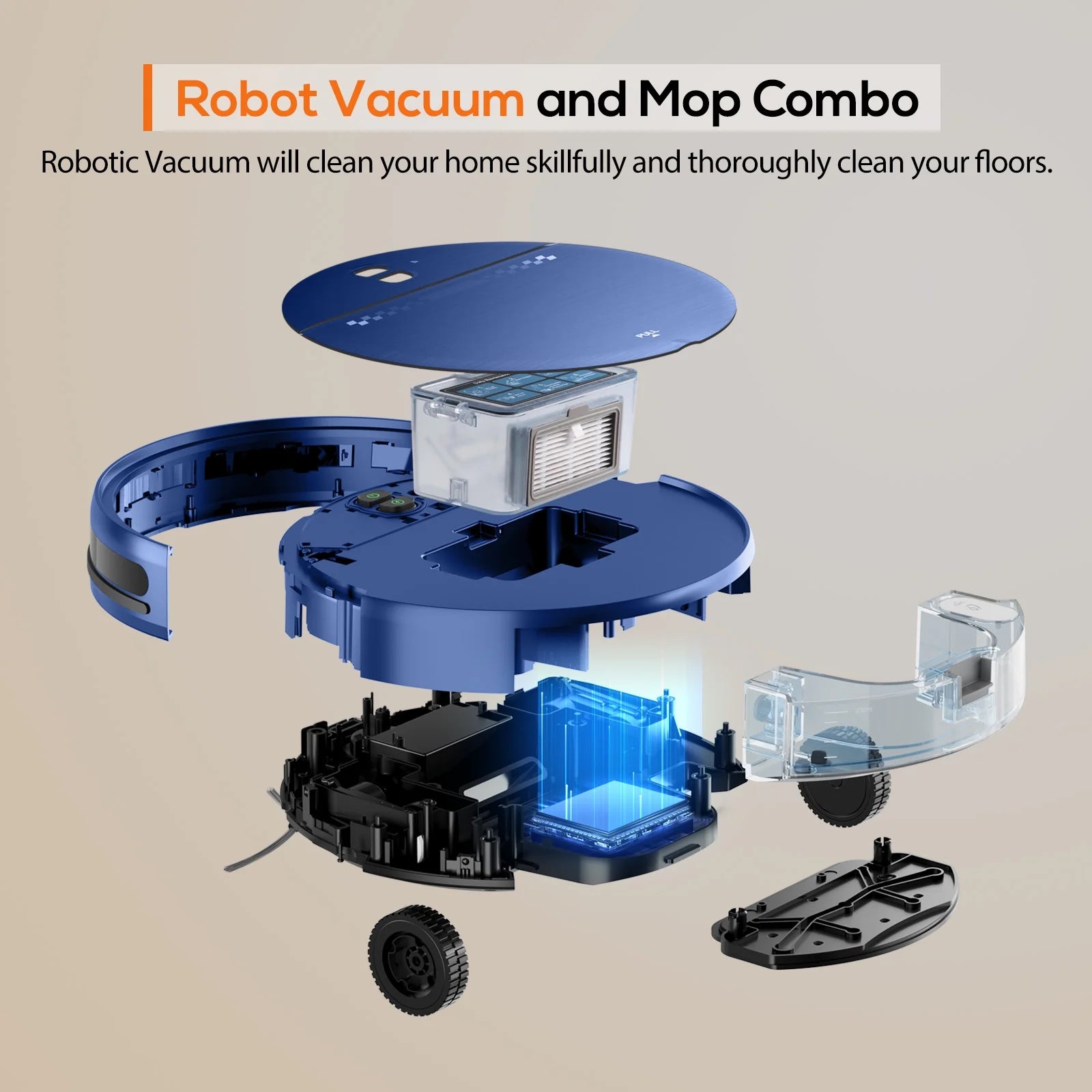 Robot Vacuum Cleaner and Mop Combo with App Wifi and Remote Control Robotic Vacuums, Blue
