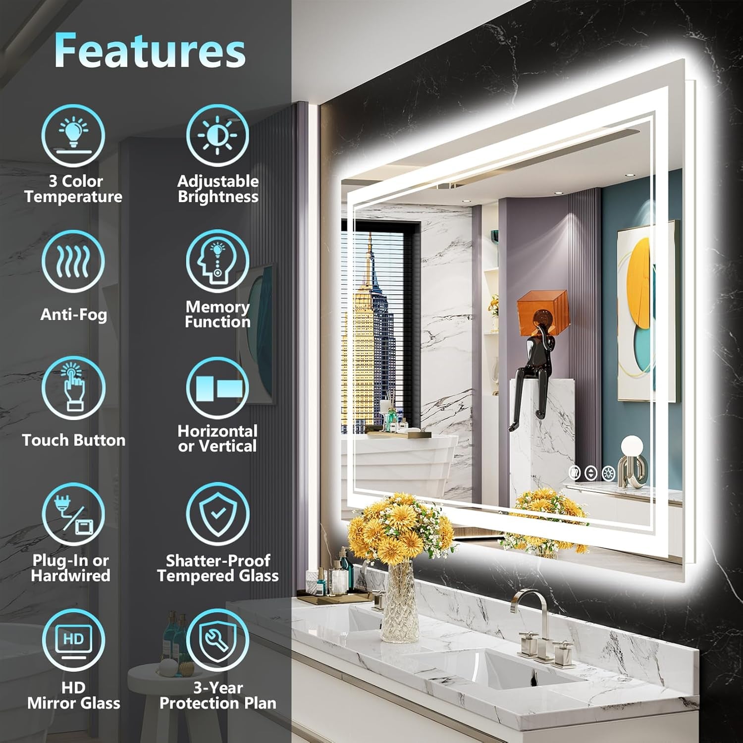 48X36 LED Bathroom Mirror with Lights, Backlit + Front Lit, Anti-Fog Lighted Vanity Mirror for Bathroom Wall with 3 Colors, Dimmable, Memory, Shatter-Proof Tempered Glass, Horizontal/Vertical