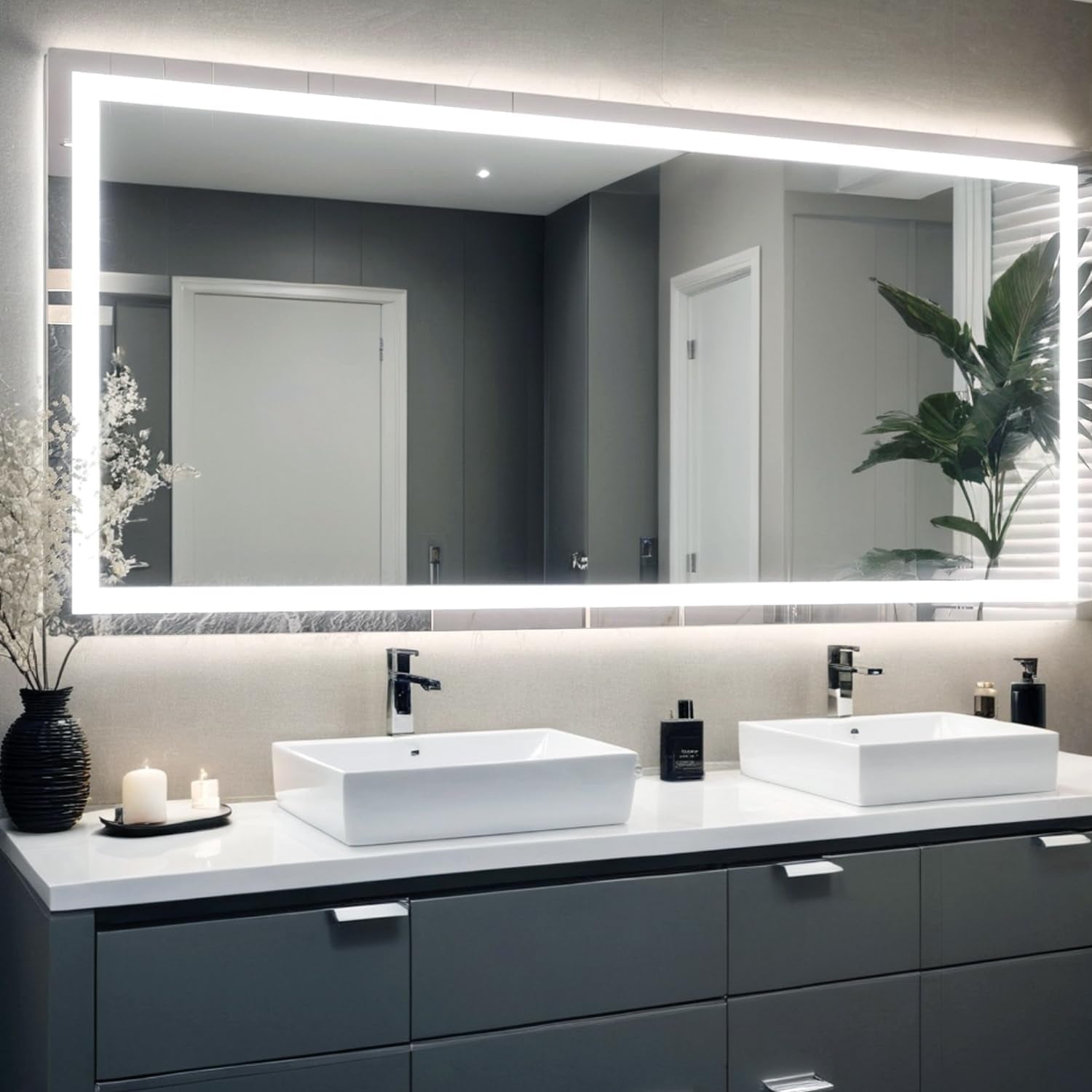 60"X28" LED Bathroom Mirror, Frontlit Smart Mirror, LED Mirror for Bathroom with 3 Colors, Vanity Mirror with Lights, Anti-Fog Wall Mounted, Dimmable Touch Switch Control, Memory