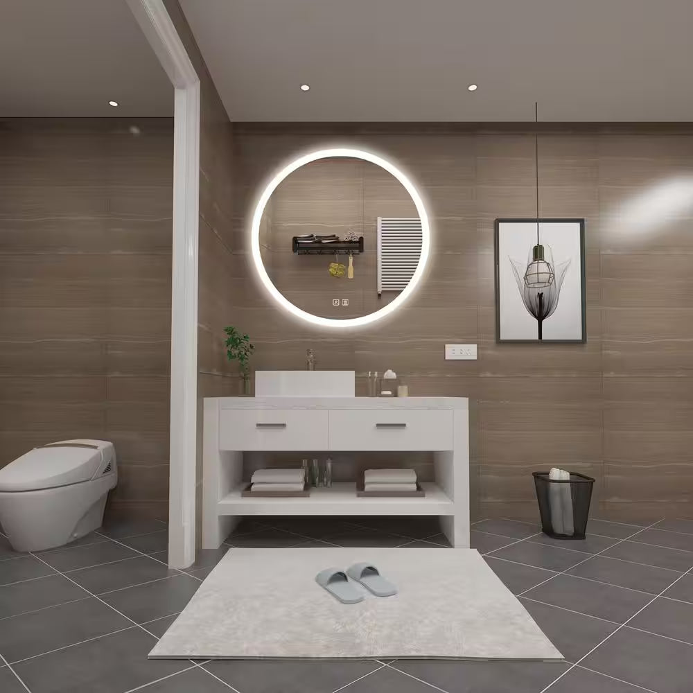 28 In. W X 28 In. H round Frameless LED Light with 3 Color and Anti-Fog Wall Mounted Bathroom Vanity Mirror