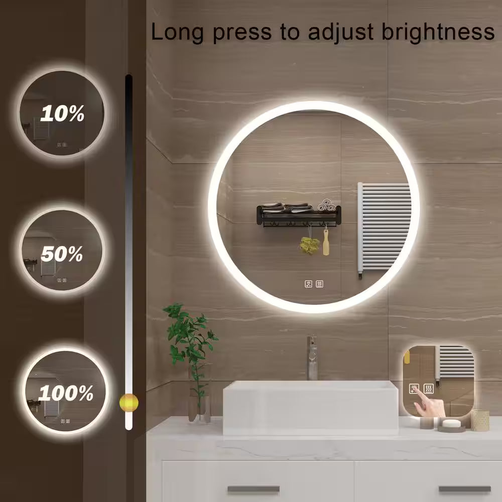 28 In. W X 28 In. H round Frameless LED Light with 3 Color and Anti-Fog Wall Mounted Bathroom Vanity Mirror