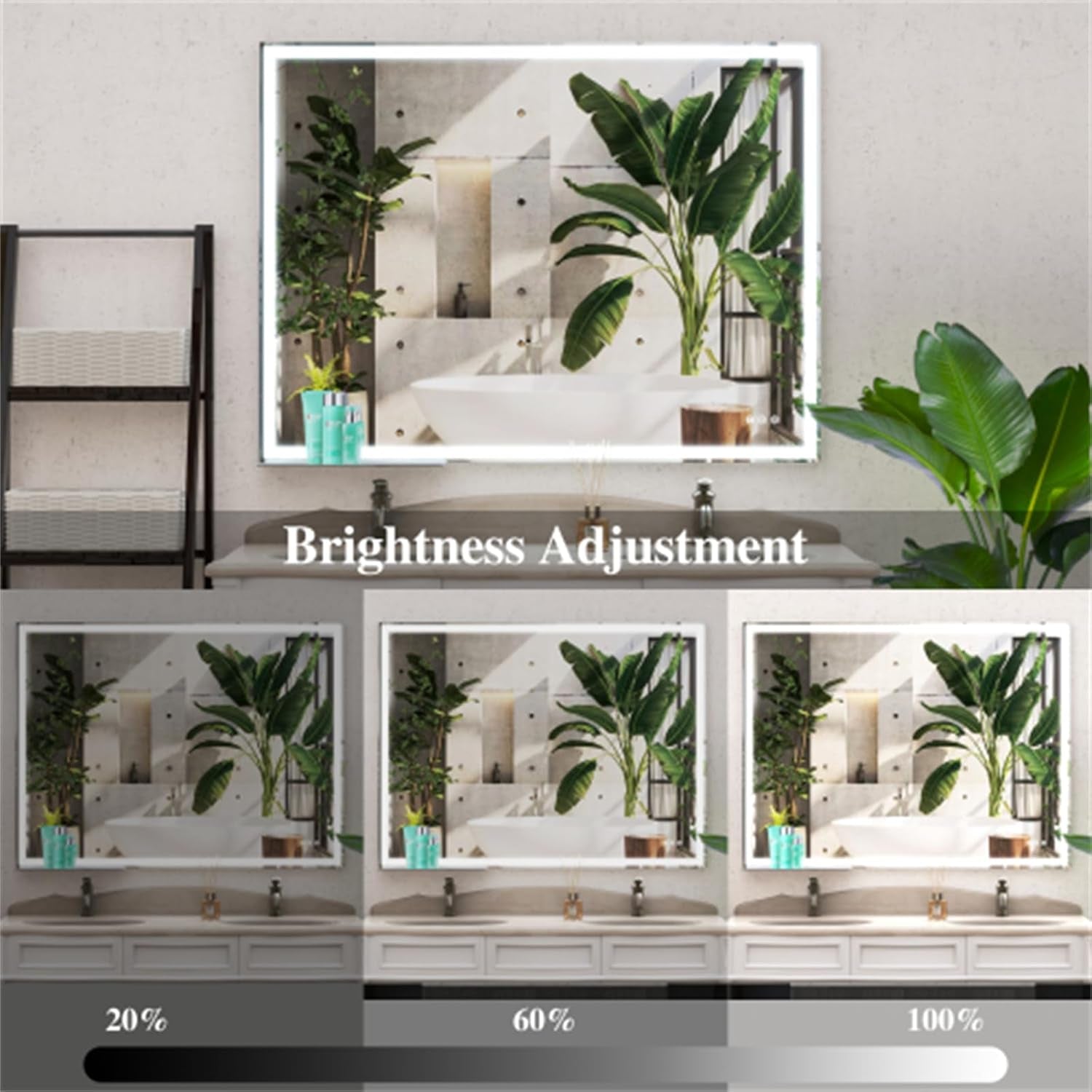 48X36 Inch LED Bathroom Vanity Mirror Wall Mounted Adjustable White Light/Warm Light/Natural Light Anti-Fog Touch Switch with Memory Modern Smart Large Bathroom Mirror