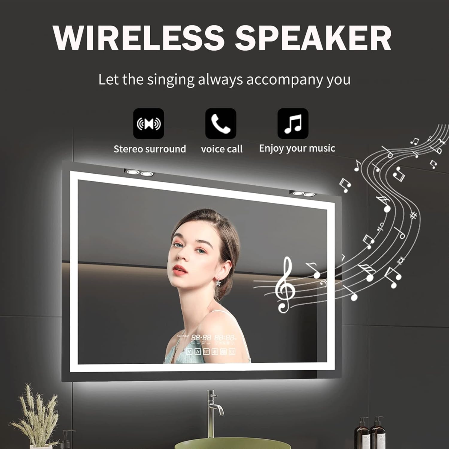 60"X36" Bathroom LED Mirror with Wireless Speaker Wall Switch - Lighted Vanity Mirrors for Bathroom Wall Mounted Backlit, Dimmable Light 3000K/6000K Anti-Fog Makeup Smart Mirror (Horizontal)