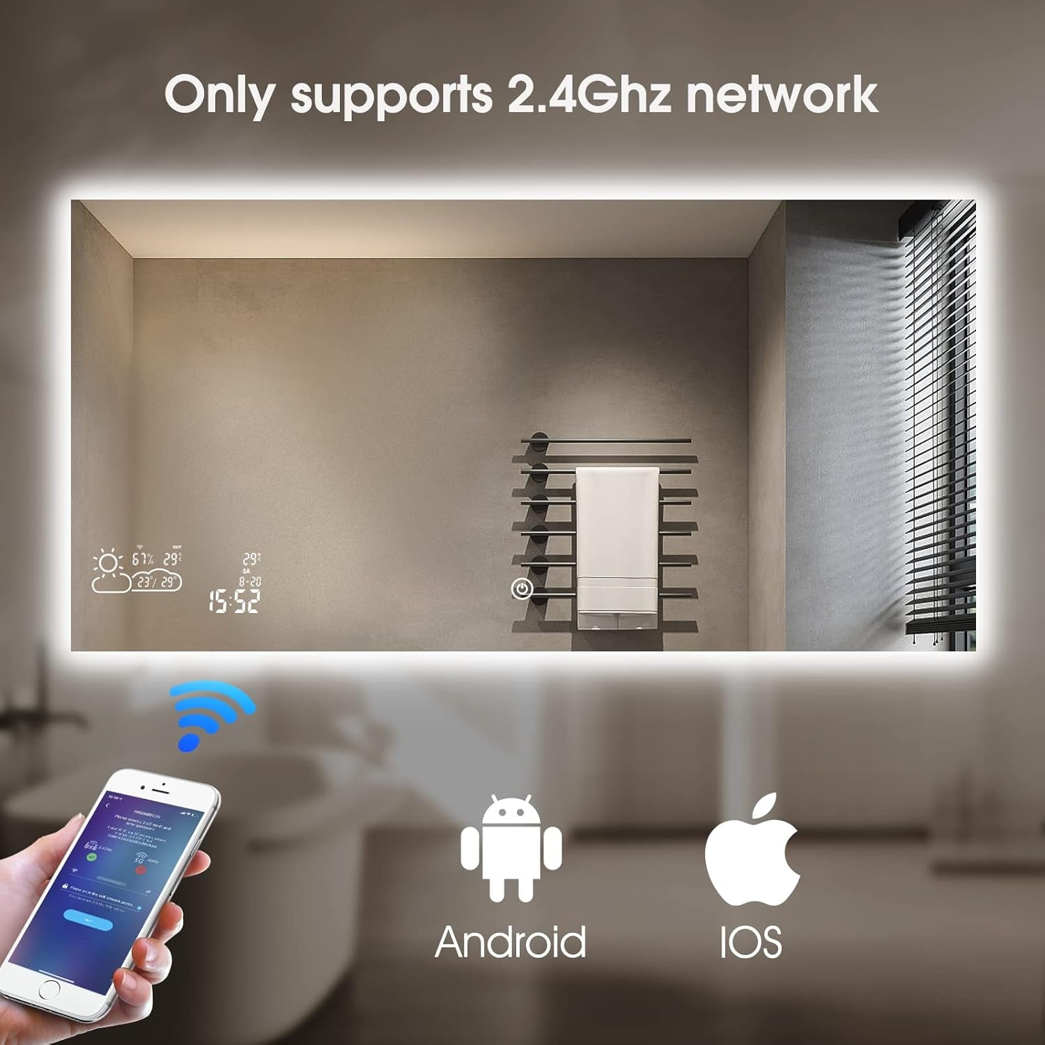 48”X24” Smart Bathroom Mirror Wi-Fi Enabled Weather Display, Anti-Fog LED Light Vanity Mirror Backlit Frameless Lighted Touch Sensor Makeup for Wall - Horizontally Hang Only