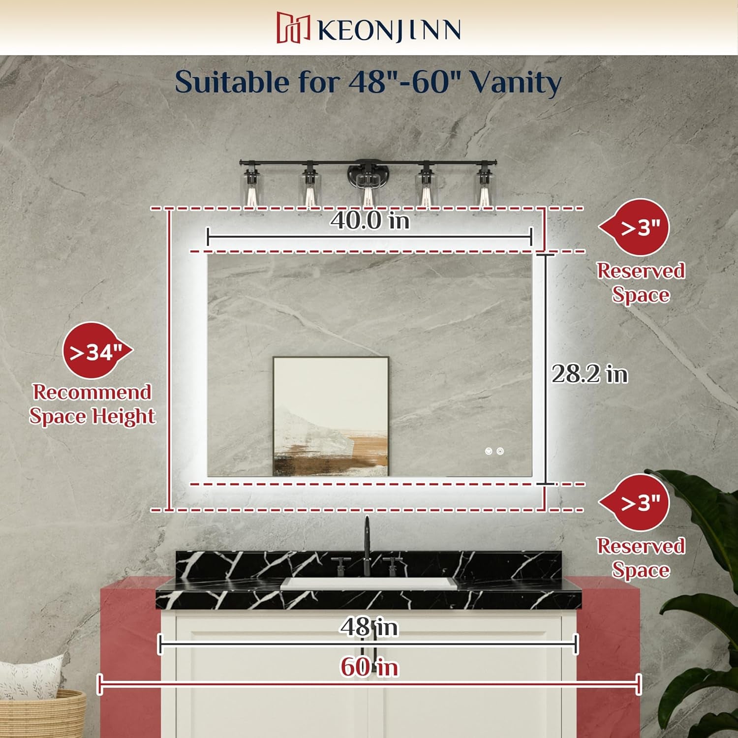 Bathroom Mirror with Lights 40 X 28 Inch, LED Mirror with Backlit, anti Fog Lighted Mirror with Stepless Dimmable, UL Listed LED Driver, Waterproof, CRI90+, HD Tempered Glass