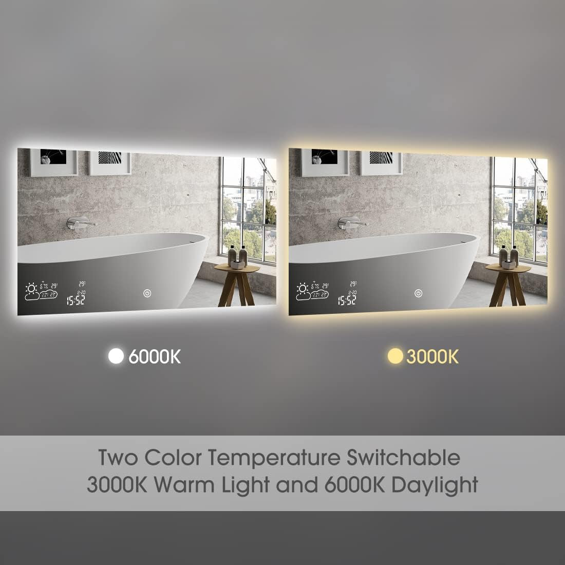 40”X24” Smart Bathroom Mirror Wi-Fi Enabled Weather Display, Anti-Fog LED Light Vanity Mirror Backlit Frameless Lighted Touch Sensor Makeup for Wall - Horizontally Hang Only