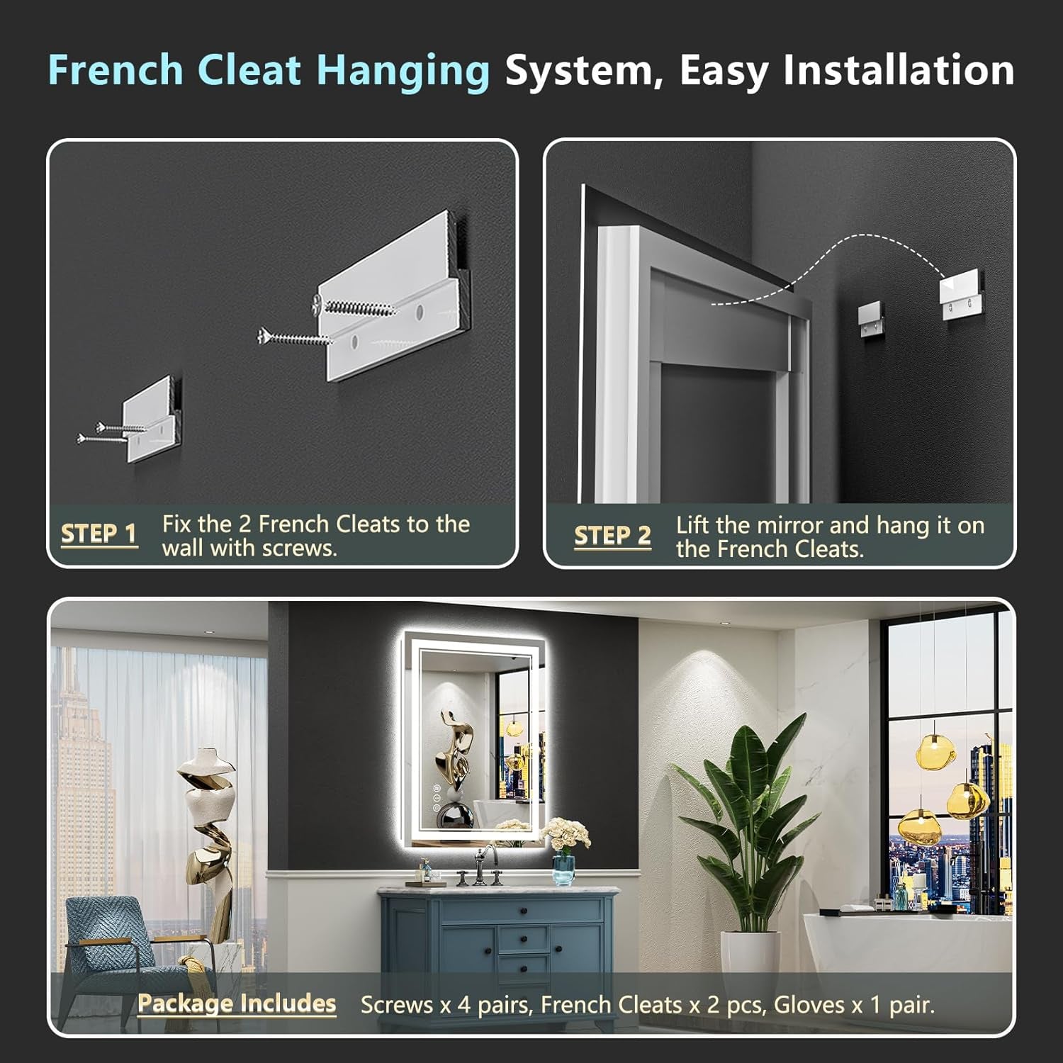 20X28 LED Bathroom Mirror with Lights, Backlit & Front Lit, Anti-Fog Lighted Vanity Mirror for Bathroom Wall, 3 Colors, Dimmable, Memory, HD Tempered Glass, Shatter-Proof, Horizontal/Vertical