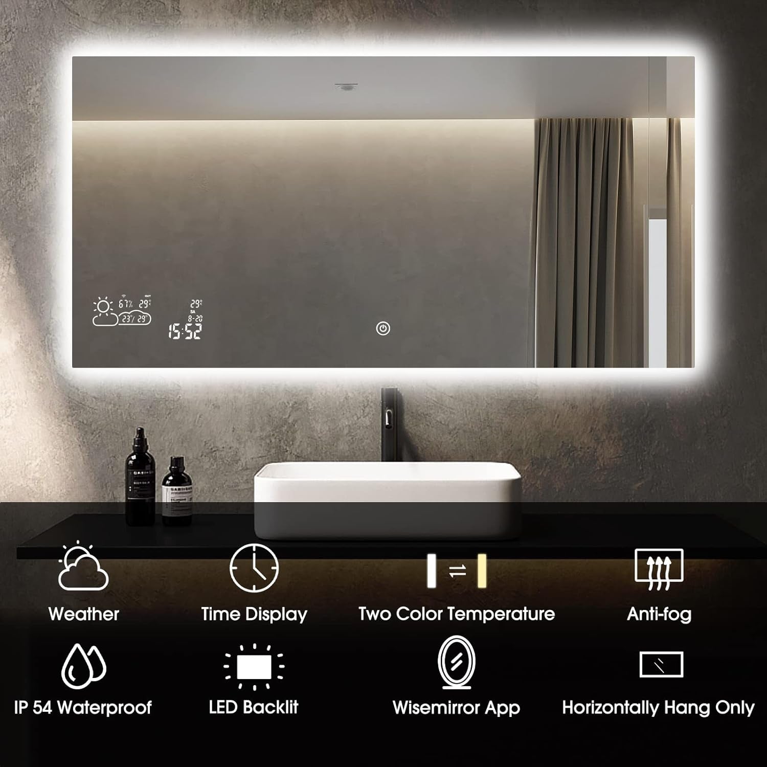 48”X24” Smart Bathroom Mirror Wi-Fi Enabled Weather Display, Anti-Fog LED Light Vanity Mirror Backlit Frameless Lighted Touch Sensor Makeup for Wall - Horizontally Hang Only
