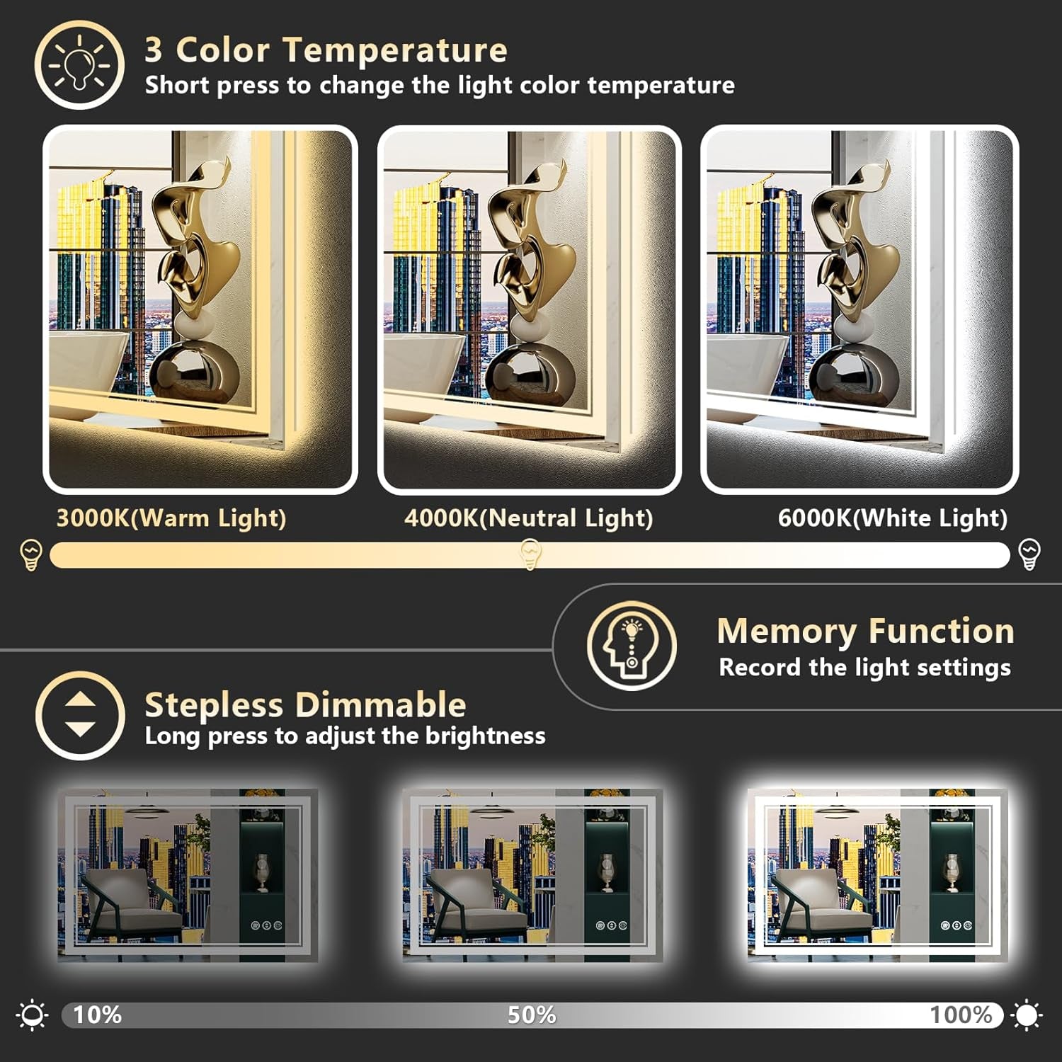 20X28 LED Bathroom Mirror with Lights, Backlit & Front Lit, Anti-Fog Lighted Vanity Mirror for Bathroom Wall, 3 Colors, Dimmable, Memory, HD Tempered Glass, Shatter-Proof, Horizontal/Vertical