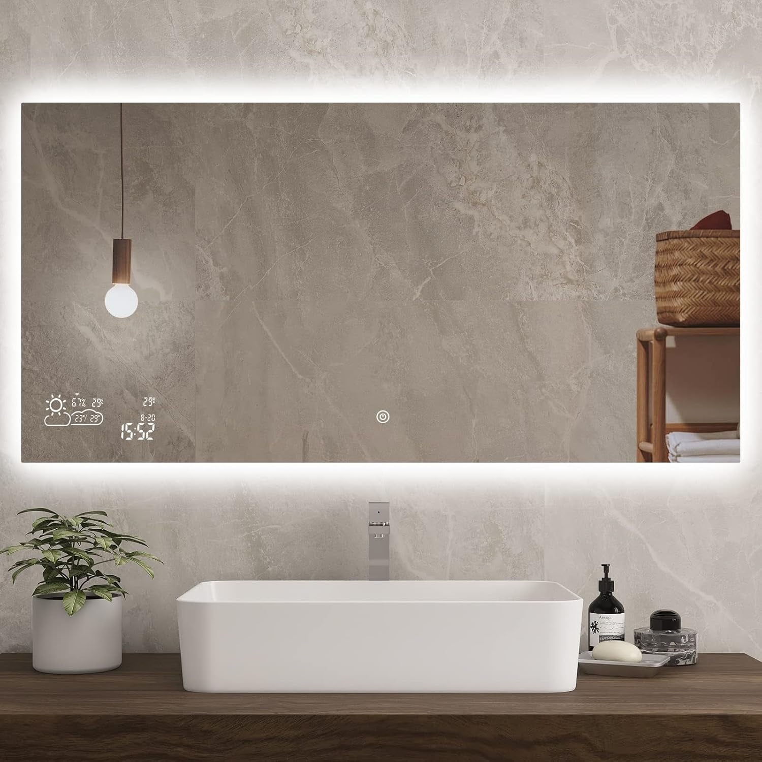 48”X24” Smart Bathroom Mirror Wi-Fi Enabled Weather Display, Anti-Fog LED Light Vanity Mirror Backlit Frameless Lighted Touch Sensor Makeup for Wall - Horizontally Hang Only