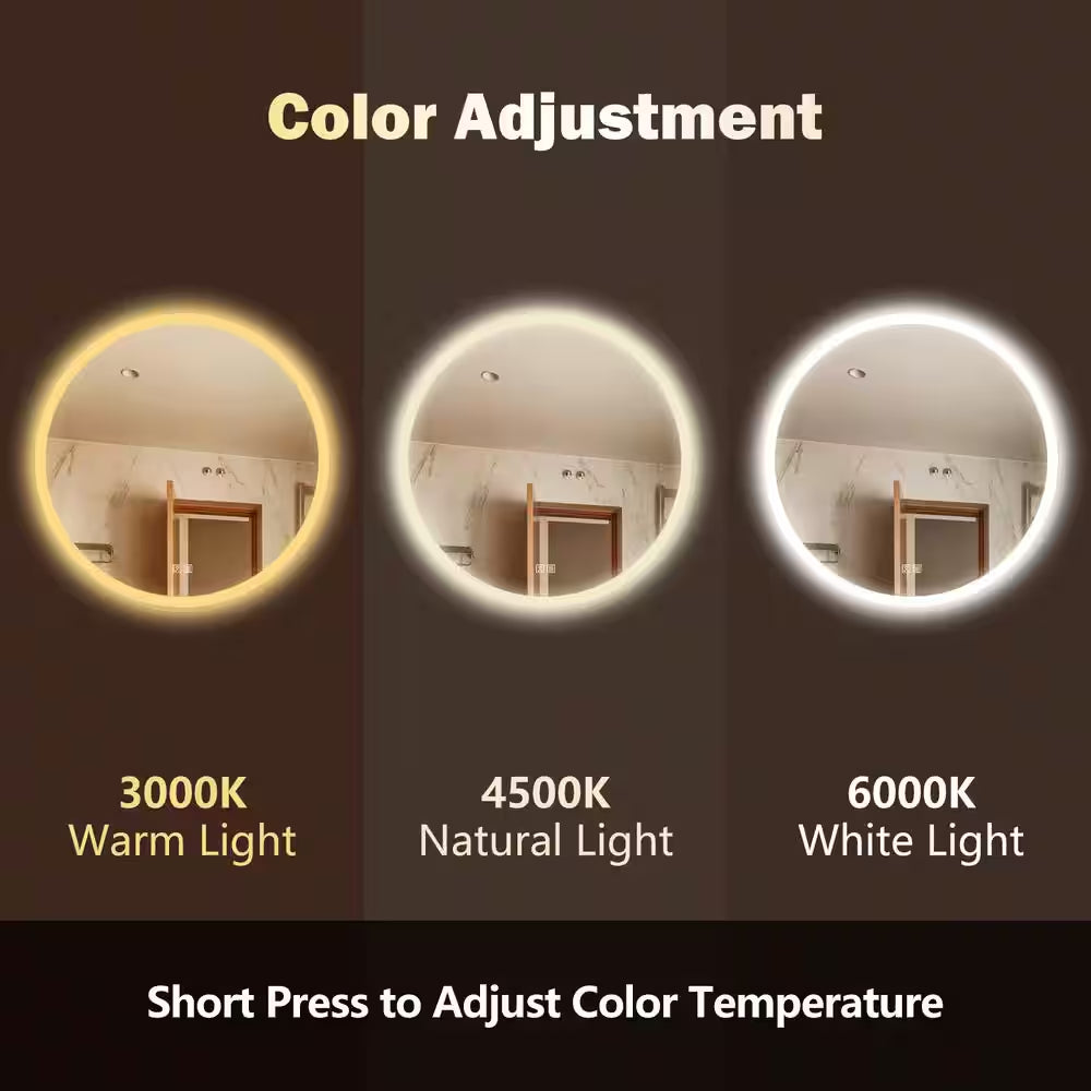 28 In. W X 28 In. H round Frameless LED Light with 3 Color and Anti-Fog Wall Mounted Bathroom Vanity Mirror