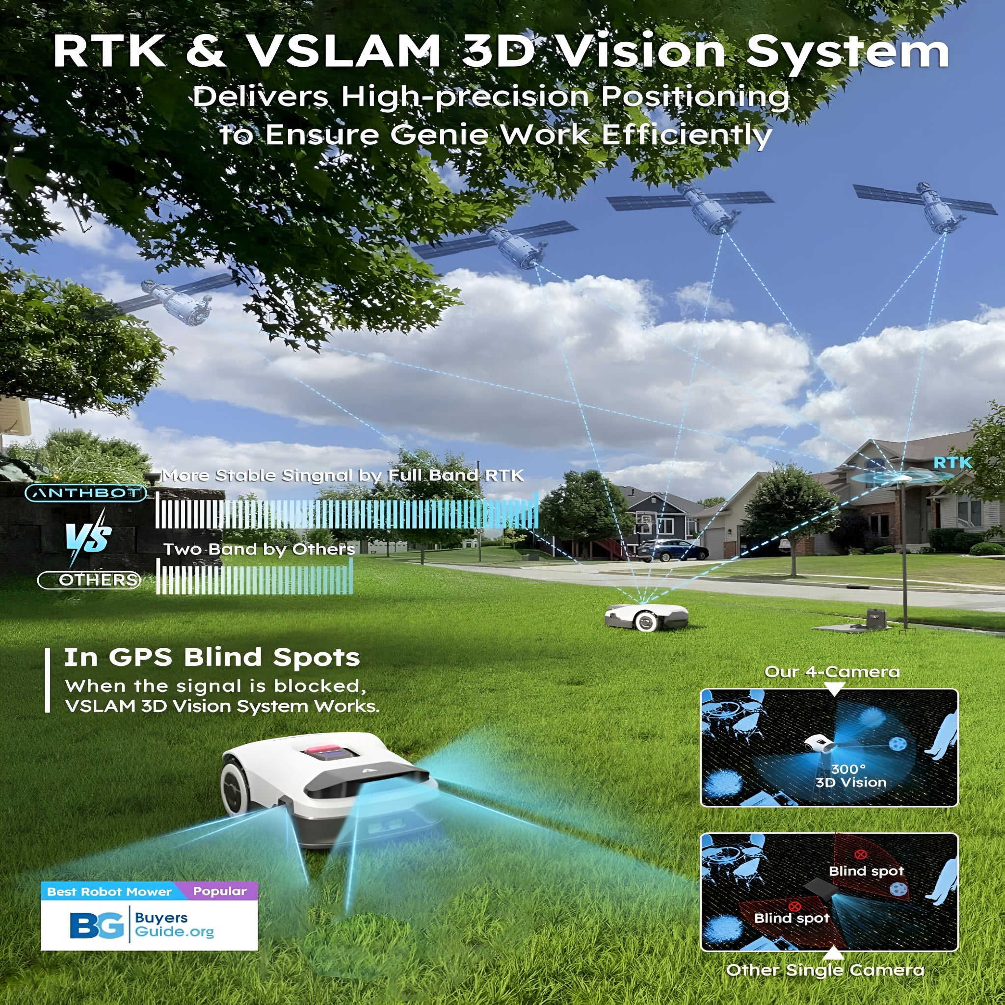 Genie 3000 Robotic Lawn Mower Covers up to 0.9 Acres, Full Band RTK + 4-Eye Vision, AI Smart Obstacle Avoidance & Lawn Maintenance