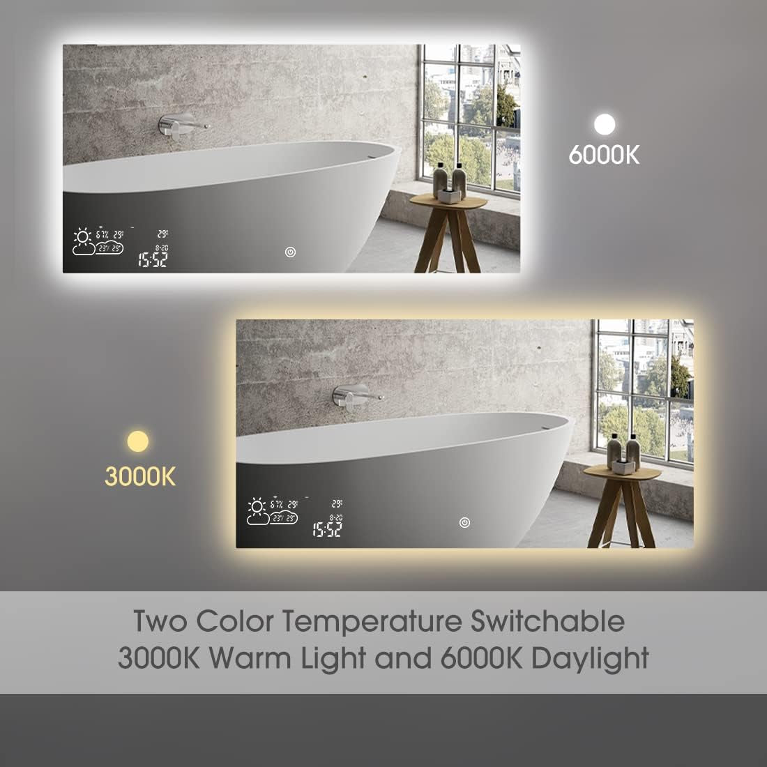 48”X24” Smart Bathroom Mirror Wi-Fi Enabled Weather Display, Anti-Fog LED Light Vanity Mirror Backlit Frameless Lighted Touch Sensor Makeup for Wall - Horizontally Hang Only