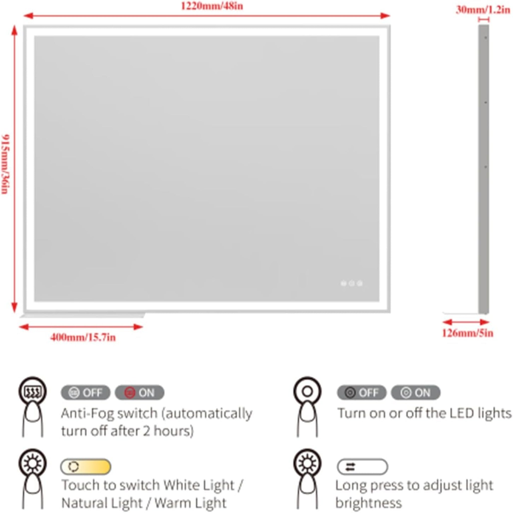 48X36 Inch LED Bathroom Vanity Mirror Wall Mounted Adjustable White Light/Warm Light/Natural Light Anti-Fog Touch Switch with Memory Modern Smart Large Bathroom Mirror