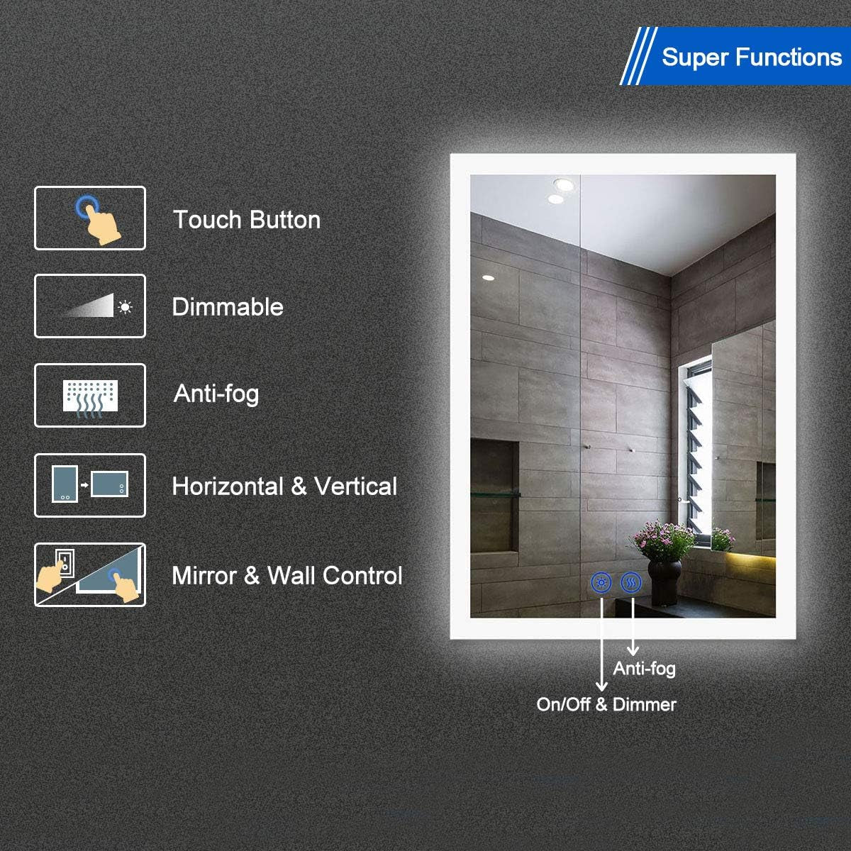 Dimmable LED Wall Mounted Mirror with Antifog, Lighted Vanity Bathroom Mirror with Touch Button, 20X28 Inch Vertical & Horizontal Mount Makeup Mirror with Lights (NT16-2028)