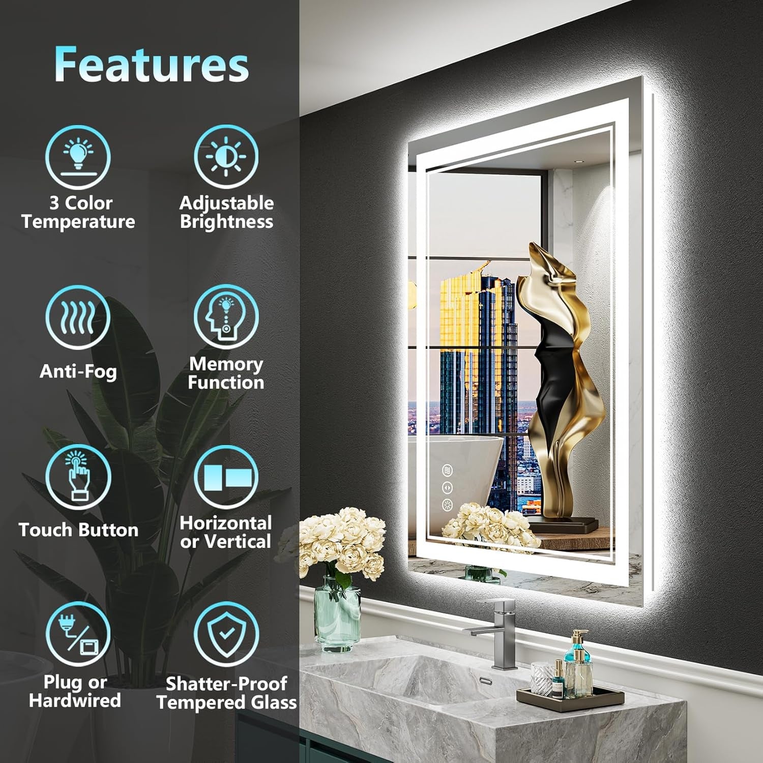 20X28 LED Bathroom Mirror with Lights, Backlit & Front Lit, Anti-Fog Lighted Vanity Mirror for Bathroom Wall, 3 Colors, Dimmable, Memory, HD Tempered Glass, Shatter-Proof, Horizontal/Vertical