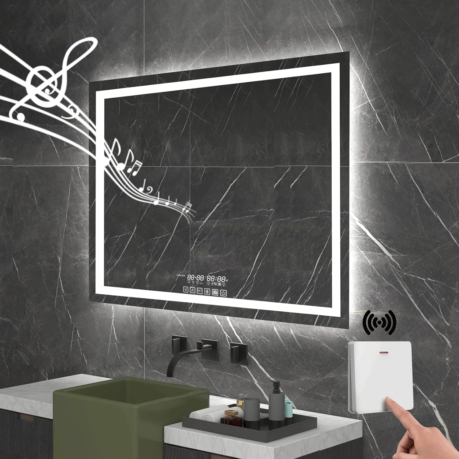 36"X28" Bathroom LED Mirror with Wireless Speaker Wall Switch - Lighted Vanity Mirrors for Bathroom Wall Mounted Backlit, Dimmable Light 3000K/6000K Anti-Fog Makeup Smart Mirror (Horizontal)