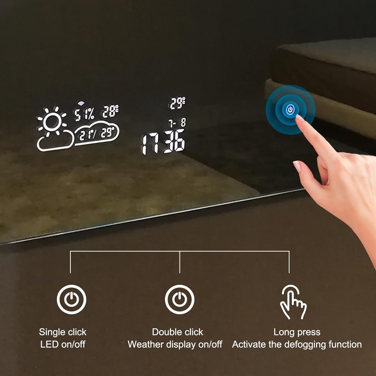 40”X24” Smart Bathroom Mirror Wi-Fi Enabled Weather Display, Anti-Fog LED Light Vanity Mirror Backlit Frameless Lighted Touch Sensor Makeup for Wall - Horizontally Hang Only